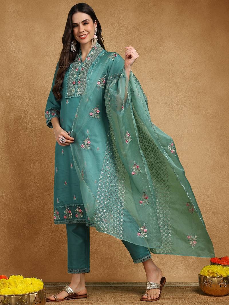 teal silk blend solid embroidered straight kurta trouser with dupatta