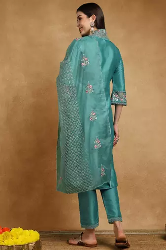 teal silk blend solid embroidered straight kurta trouser with dupatta
