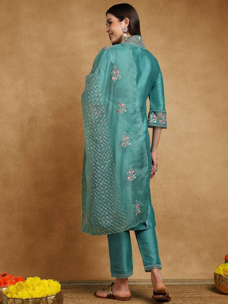 teal silk blend solid embroidered straight kurta trouser with dupatta