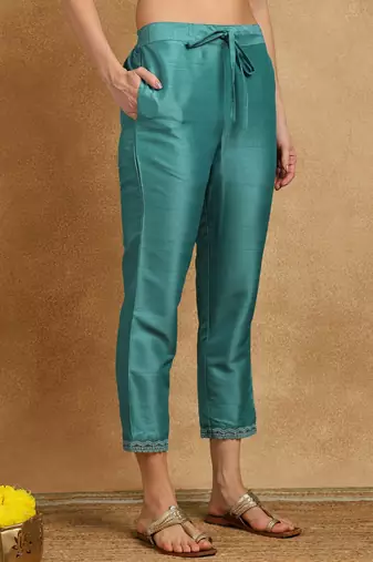 teal silk blend solid embroidered straight kurta trouser with dupatta