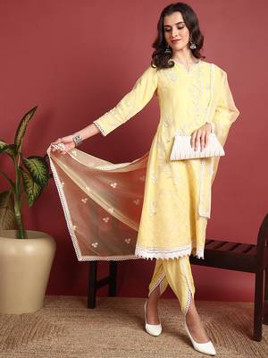 Ahika women yellow organza solid embroidered a-line kurta dhoti pants with dupatta 1