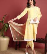 Ahika women yellow organza solid embroidered a-line kurta dhoti pants with dupatta