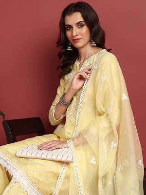 Ahika women yellow organza solid embroidered a-line kurta dhoti pants with dupatta 2