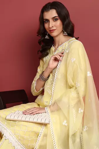 Ahika women yellow organza solid embroidered a-line kurta dhoti pants with dupatta
