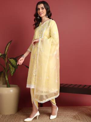 Ahika women yellow organza solid embroidered a-line kurta dhoti pants with dupatta 3
