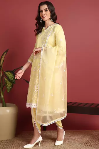 Ahika women yellow organza solid embroidered a-line kurta dhoti pants with dupatta