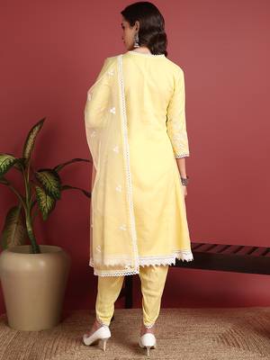 Ahika women yellow organza solid embroidered a-line kurta dhoti pants with dupatta 4