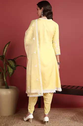 Ahika women yellow organza solid embroidered a-line kurta dhoti pants with dupatta