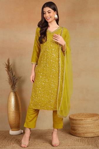 women mustard silk blend solid embroidered straight kurta trouser with dupatta