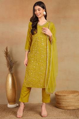 women mustard silk blend solid embroidered straight kurta trouser with dupatta 1
