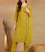 women mustard silk blend solid embroidered straight kurta trouser with dupatta