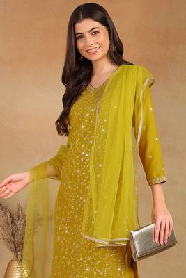women mustard silk blend solid embroidered straight kurta trouser with dupatta 2