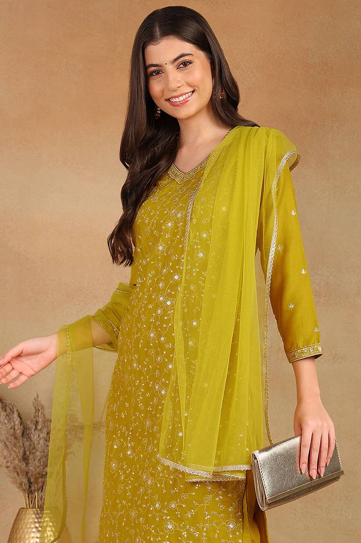 women mustard silk blend solid embroidered straight kurta trouser with dupatta