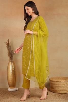 women mustard silk blend solid embroidered straight kurta trouser with dupatta 3