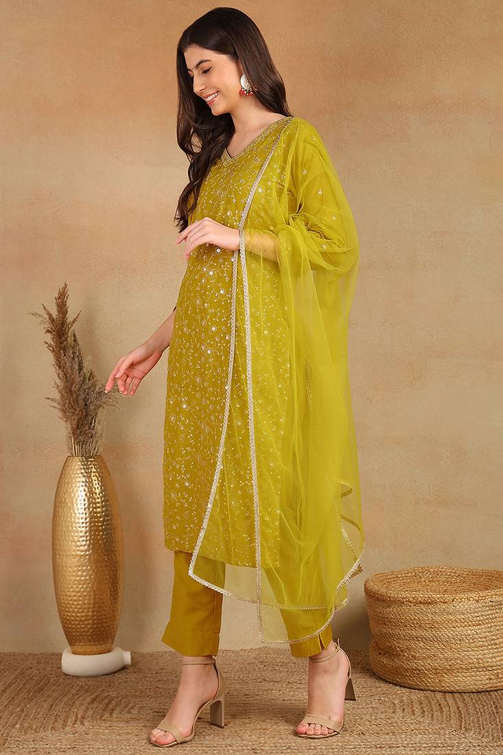 women mustard silk blend solid embroidered straight kurta trouser with dupatta