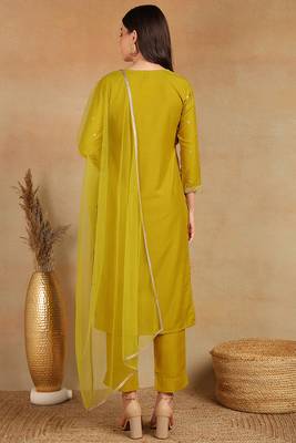 women mustard silk blend solid embroidered straight kurta trouser with dupatta 4