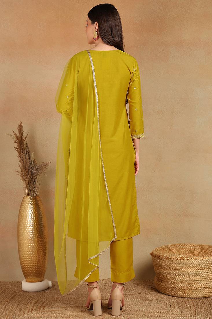 women mustard silk blend solid embroidered straight kurta trouser with dupatta