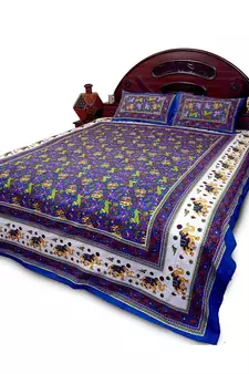 Pure Cotton Blue Double Bed Sheet Pillow Cover Set Diwali Gift 27B