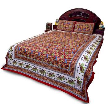 Jaipuri Elephant Print Red Double Bed Sheet Set Deepawali Special Gift 27R 1