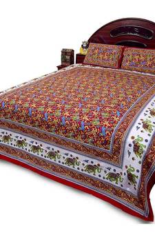Jaipuri Elephant Print Red Double Bed Sheet Set Deepawali Special Gift 27R