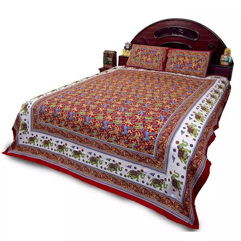 Jaipuri Elephant Print Red Double Bed Sheet Set Deepawali Special Gift 27R