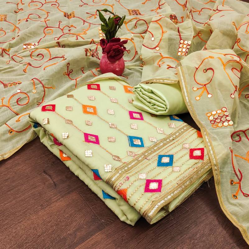 Zeepkart green chanderi_silk embroidered dressmaterials Unstitched Salwar Suit