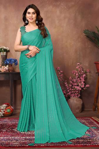 Teal satin silk party wear saree with blouse piece