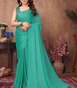 Teal satin silk party wear saree with blouse piece