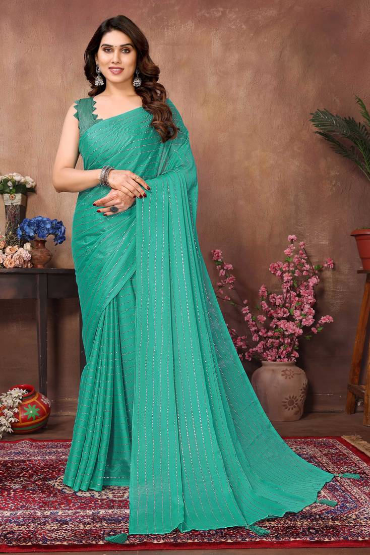 Teal satin silk party wear saree with blouse piece
