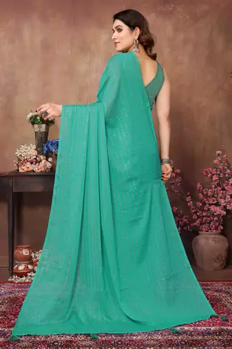 Teal satin silk party wear saree with blouse piece
