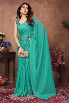 Teal satin silk party wear saree with blouse piece 3