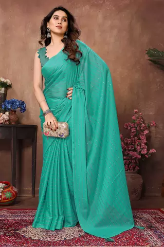 Teal satin silk party wear saree with blouse piece