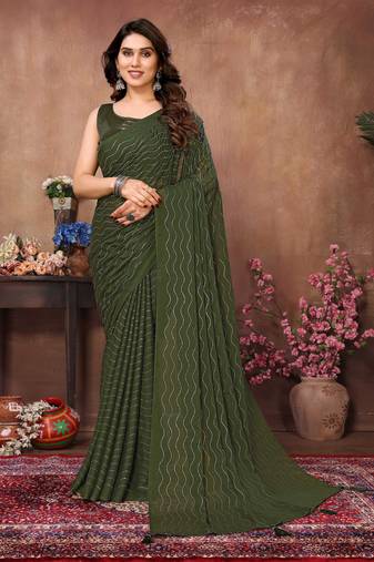 Green satin silk party wear saree with blouse piece