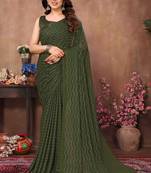 Green satin silk party wear saree with blouse piece