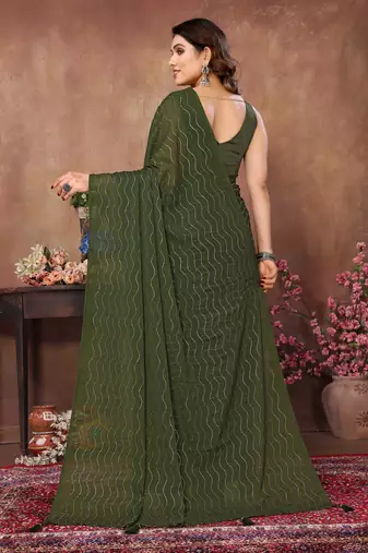 Green satin silk party wear saree with blouse piece