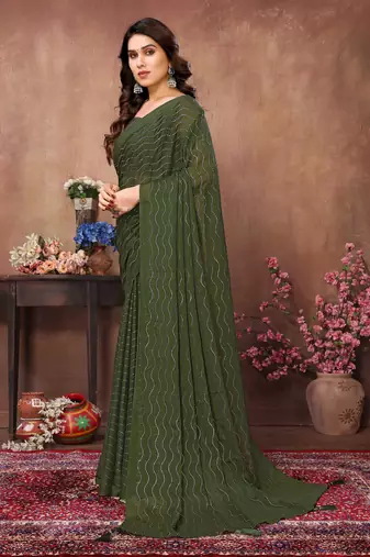 Green satin silk party wear saree with blouse piece