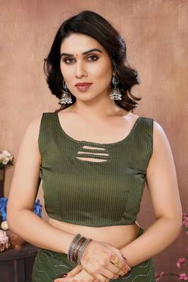Green satin silk party wear saree with blouse piece 5