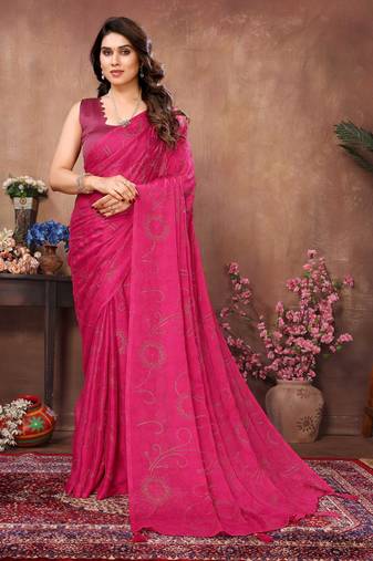 Pink satin silk party wear saree with blouse piece