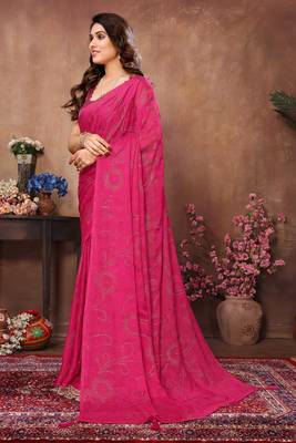 Pink satin silk party wear saree with blouse piece 3