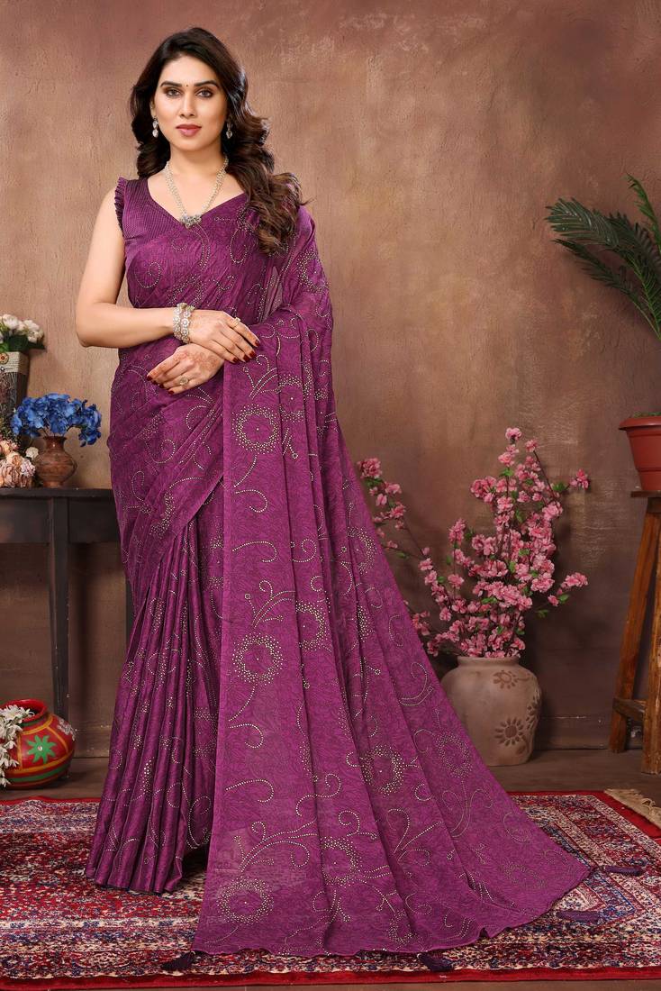 Purple satin silk party wear saree with blouse piece