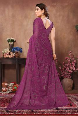 Purple satin silk party wear saree with blouse piece 2