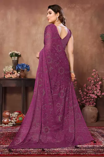 Purple satin silk party wear saree with blouse piece