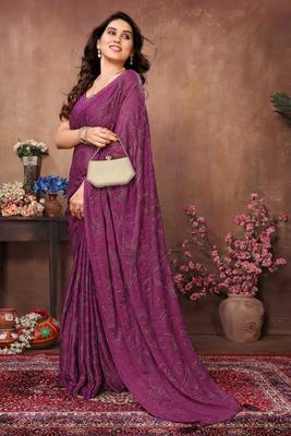 Purple satin silk party wear saree with blouse piece 3