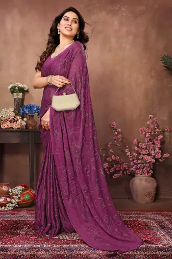 Purple satin silk party wear saree with blouse piece