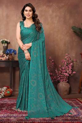 Teal satin silk party wear saree with blouse piece 1