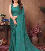 Teal satin silk party wear saree with blouse piece