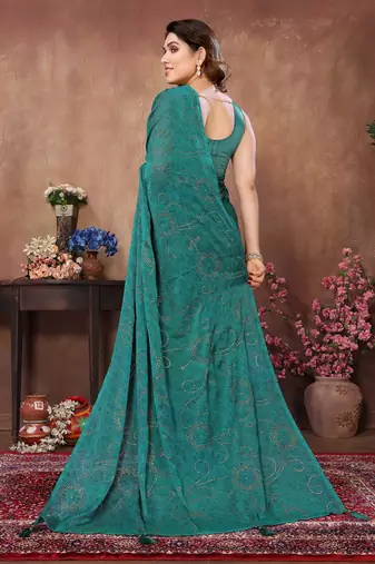 Teal satin silk party wear saree with blouse piece