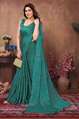 Teal satin silk party wear saree with blouse piece 3
