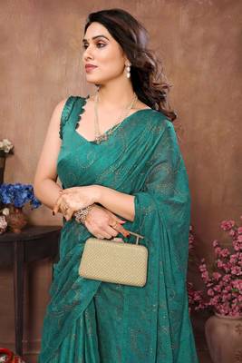 Teal satin silk party wear saree with blouse piece 4
