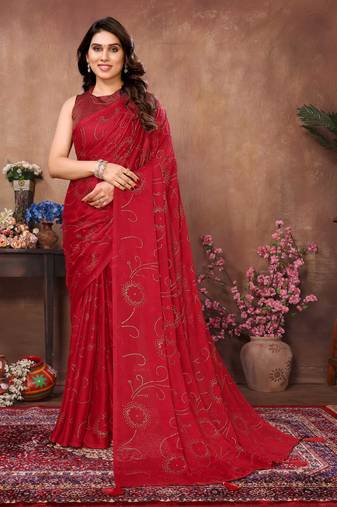 Red satin silk party wear saree with blouse piece